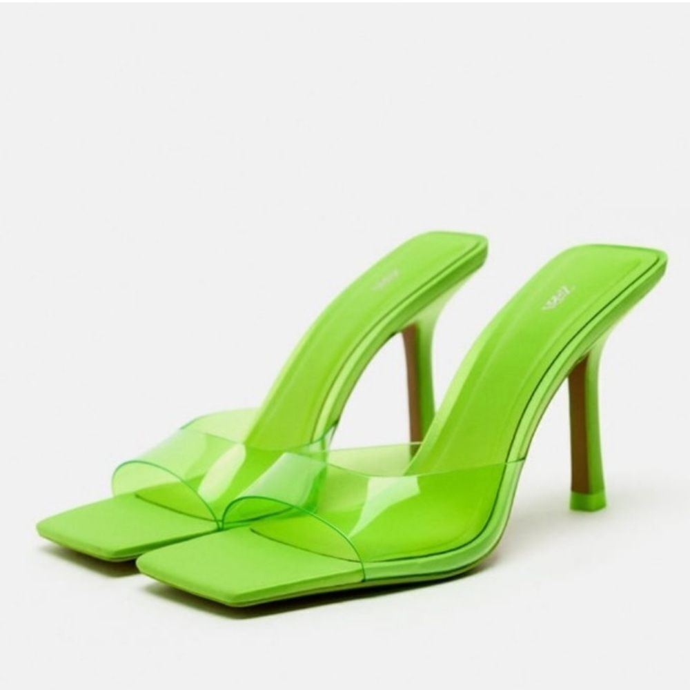 Zara Neon Green Clear Strap High Heel Mules